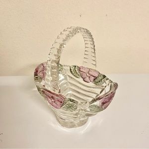 Crystal Basket Pink Floral Green Leaves Anna Hutte Bleikristall Germany NWOT